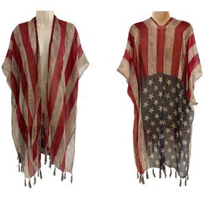 American Flag Kimono Tassels Cardigan Poncho Duster Shawl USA 4th July Ruana New